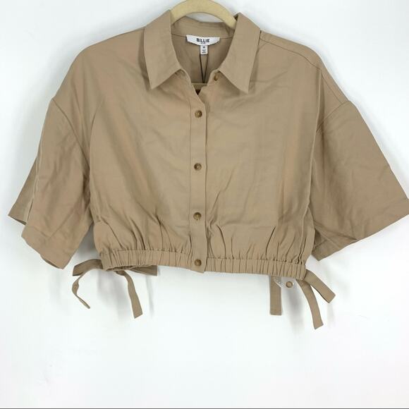 Billie the Label Imogene Crop Top Linen Blend Khaki Medium Collar Button Tencel - Picture 2 of 9